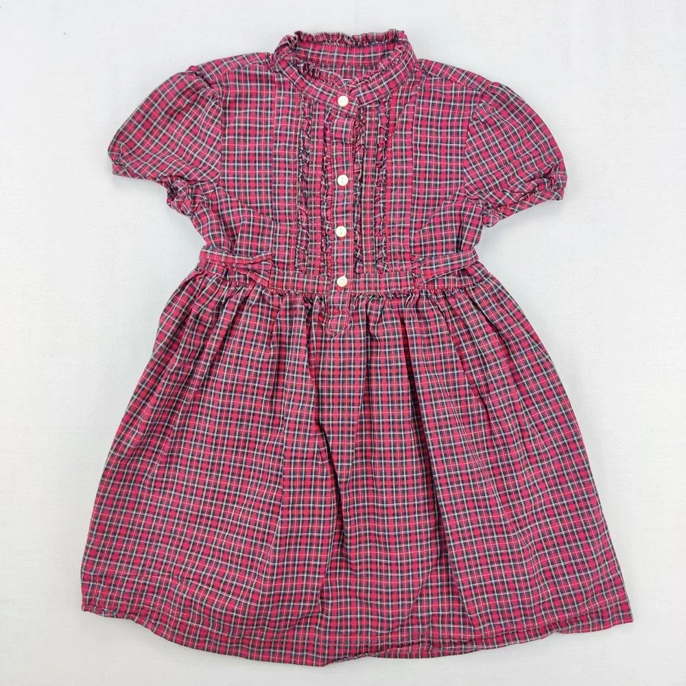American Living Dress Girls 4T Red Plaid Ruffle Button Front Cotton Puff Sleeve